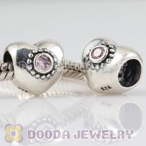 925 Sterling Silver Puffy Heart charm beads with pink Stone
