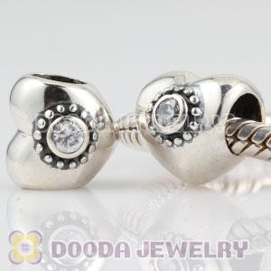 925 Sterling Silver Puffy Heart charm beads with clear Stone