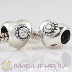 925 Sterling Silver Puffy Heart charm beads with clear Stone
