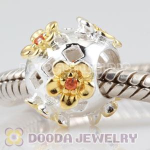 925 Sterling Silver woven lattice and golden Daisy charm Beads with orange Stone