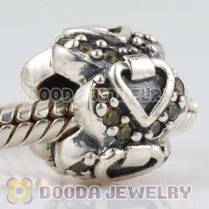 Sterling Silver Elegant Embrace heart charm beads with olive green CZ stones