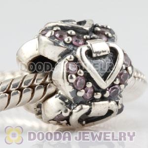 Sterling Silver Elegant Embrace heart charm beads with pink CZ stones
