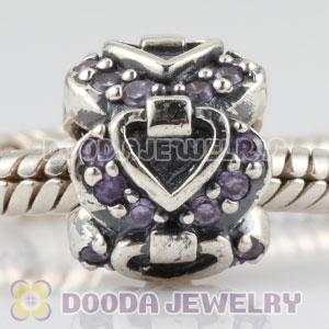 Sterling Silver Elegant Embrace heart charm beads with purple CZ stones