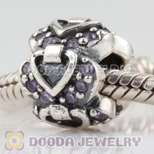 Sterling Silver Elegant Embrace heart charm beads with purple CZ stones