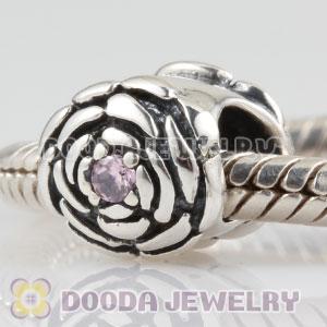 925 Sterling Silver Blooming Rose charm beads with pink CZ stones