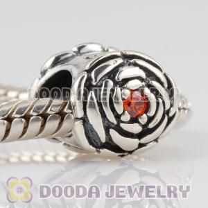 925 Sterling Silver Blooming Rose charm beads with orange CZ stones