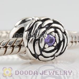 925 Sterling Silver Blooming Rose charm beads with lavender CZ stones