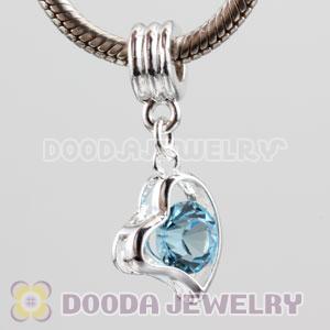 Silver plated alloy european beads dangle Heart charms with Cyan stone