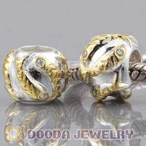 925 Sterling Silver Golden Fish charm Beads with stone