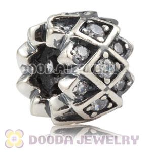 925 Sterling Silver Grid charm Beads with Clear stones