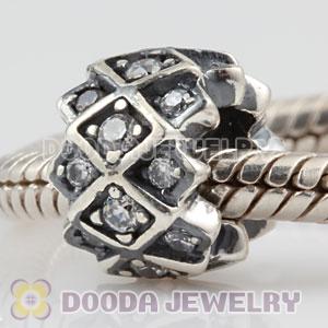 925 Sterling Silver Grid charm Beads with Clear stones