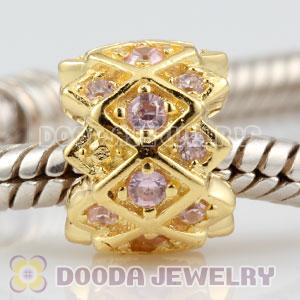 Gold plated Sterling Silver Grid charm Beads with Pink stones