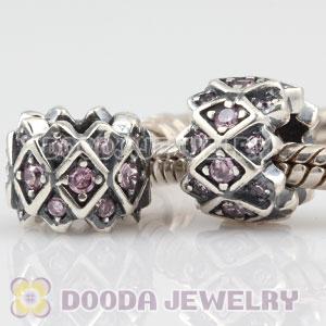 925 Sterling Silver Grid charm Beads with Pink stones