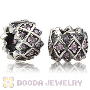 925 Sterling Silver Grid charm Beads with Pink stones
