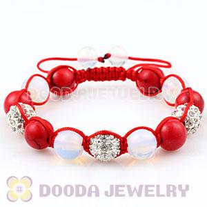 Red coral and Opal handmade Style Bracelet with 3 Crystal Alloy Beads