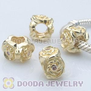 Gold Plated European Style Silver Rose Beads with Stone in Flower
