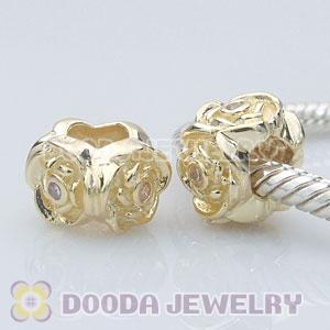 Gold Plated European Style Silver Rose Beads with Stone in Flower