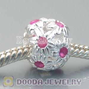 Solid Sterling Silver Charm Jewelry Beads with Pink Stone
