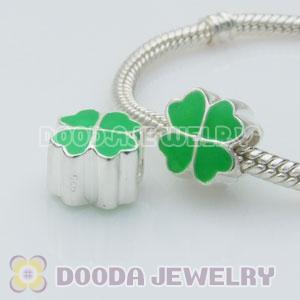 925 Sterling Silver European Style Beads Enamel Green four-leaf clover